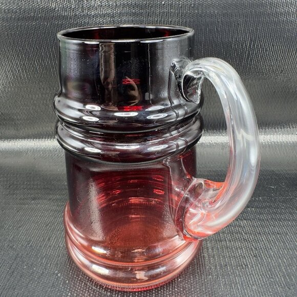 TARNOWIEC Poland Large Ruby Red Glass Beer Stein Jug With Clear Handle Vase VTG - Picture 13 of 15